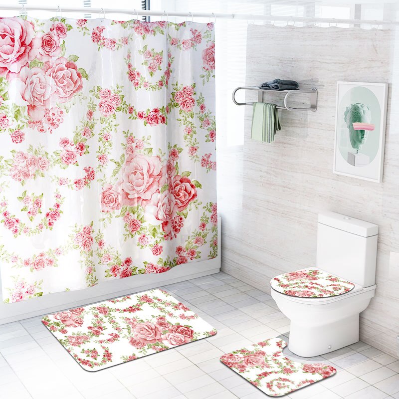 Floral Bath Mat and Shower Curtain Set Shower Curtain with Hooks Bath Rugs Anti Skid Bathroom Carpet Toilet Foot Pad Bath Mat