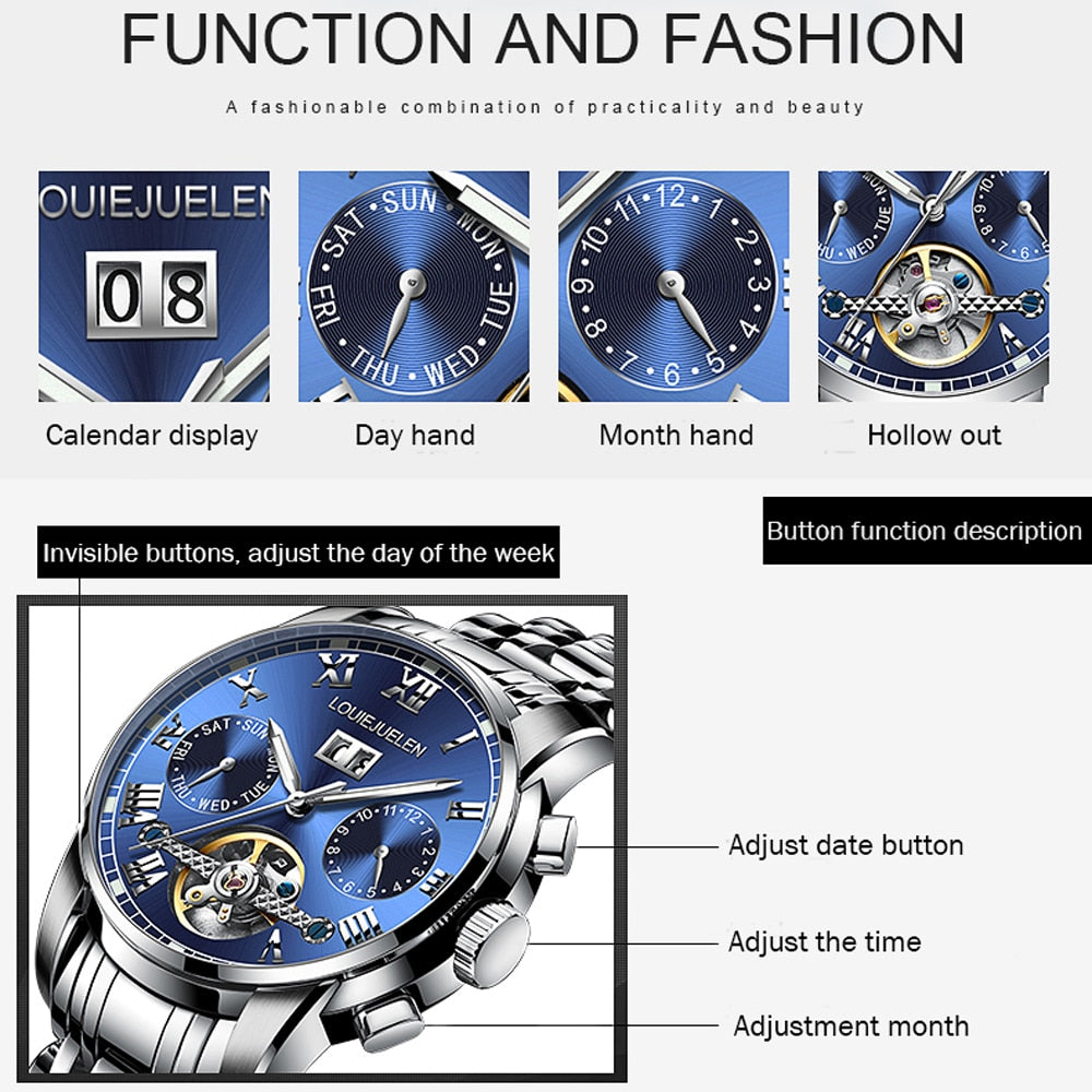 BELUSHI Men Automatic Watches Luxury Business Mechanical Tourbillon Watch Men Luminous Waterproof Wristwatch Relogio Masculino