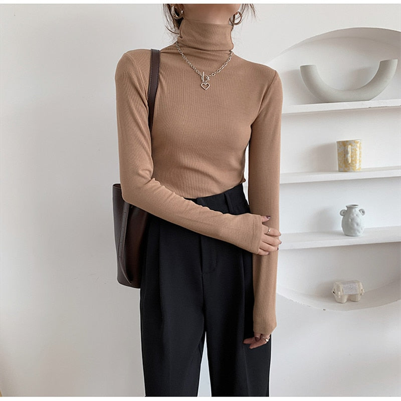 2022 Spring Autumn Women Pullover Female Knitted Sweaters Solid Concise Turtleneck Elasticity Elegant Office Lady Casual Tops