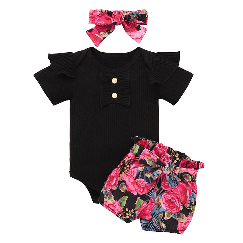 Newborn Baby Girl Clothes Set Summer Solid Color Short Sleeve Romper Flower Shorts Headband 3Pcs Outfit New Born Infant Clothing