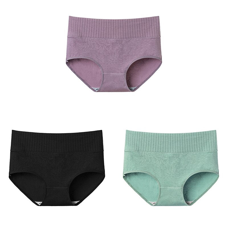 3 Pcs Cotton Women&#39;s Underwear Panties Solid High Waist Briefs Breathable Underpants Seamless Soft Plus Size Women Lingerie