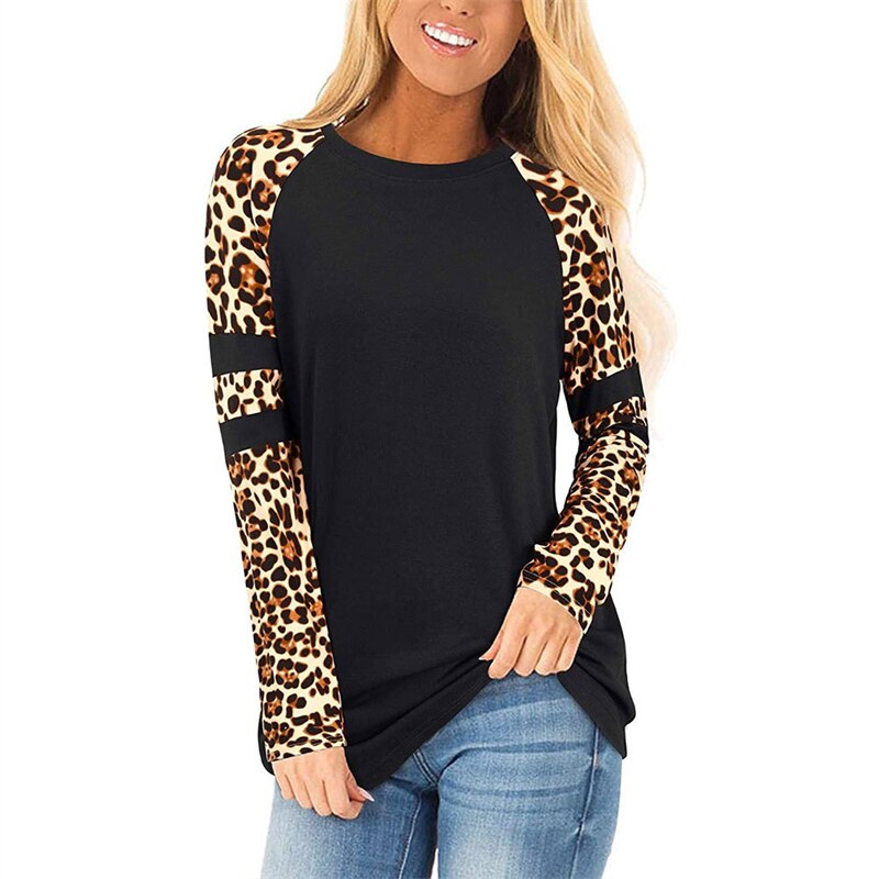 Autumn Patchwork Leopard Print T-shirts Women&#39;s Long Sleeve Top O-Neck Loose Pullover Tees Harajuku Vintage Basic Tshirt Female