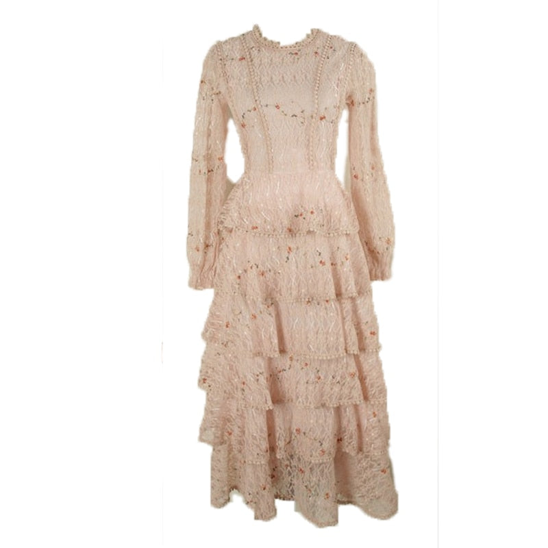 Vintage Spring Women Lace Embroidery Sweet Ruffles Layered Midi Long Dress Elegant Princess Party Holiday Dress Vestidos