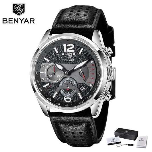 BENYAR 2021 New Men Watch Top Brand Waterproof Men Quartz Wristwatch Military Leather Watch Men Sports Chronograph Reloj Hombre