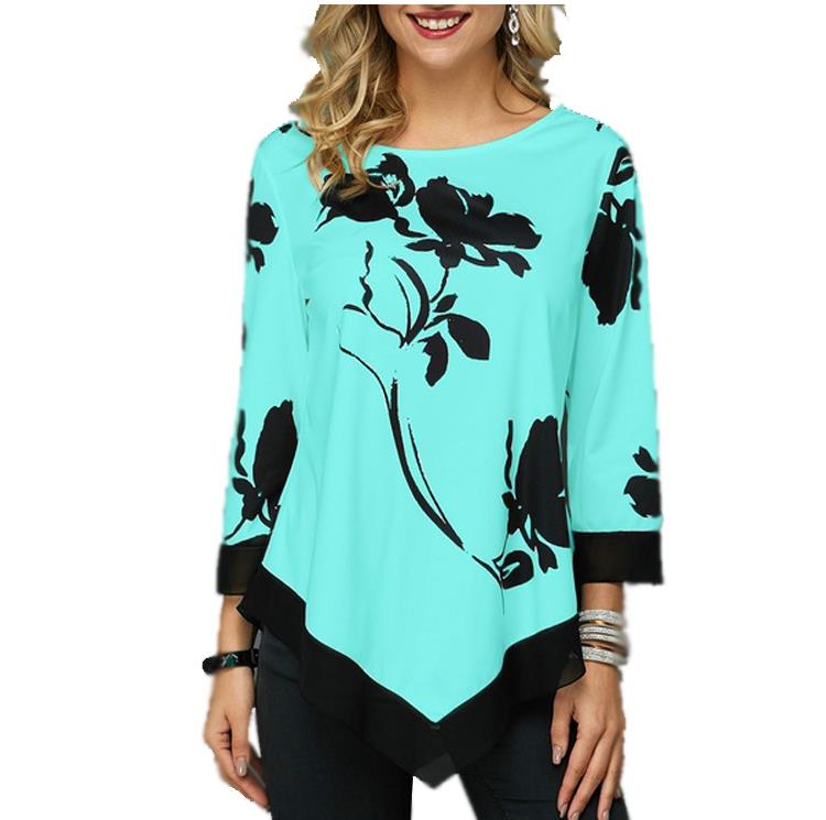 Floral Printed Women Blouse Asymmetric Hem O Neck Long Sleeve Shirts Summer Female Pullover Tops Blusas Fashion Lady Camisa