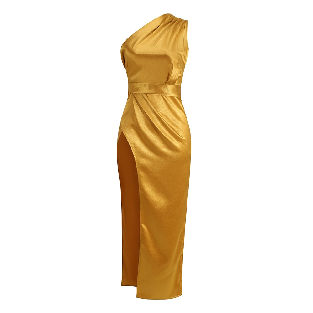 VC Long Satin Dress Women Draped Design One-shoulder Diagonal Collar Sleeveless Party Side Slit Skirt