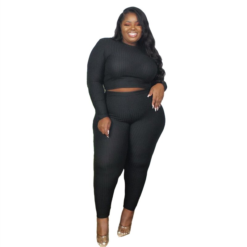 Plus Size Women Clothing 2021 Fashion Sexy Outfits Long Sleeve Top and Pants Bodycon Ribbed Two Piece Set Dropshipping Wholesale