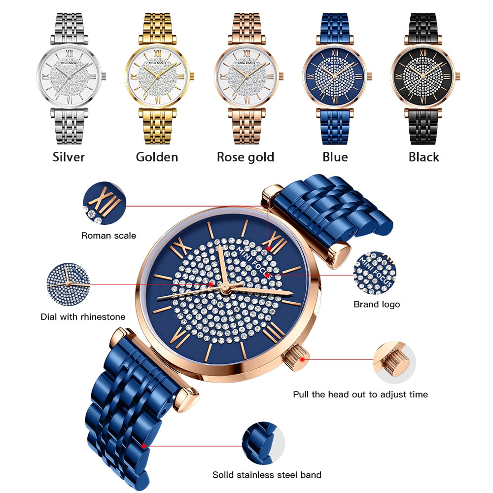 MINI FOCUS Ladies Blue Wristwatch Women Rhinestone Full Diamond Watches Top Luxury Brand Waterproof Quartz Female Clock