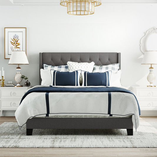 Upholstered Platform Bed with Classic Headboard, Box Spring Needed, Beige Linen Fabric, Bedroom Furniture Queen Size Beige/Gray