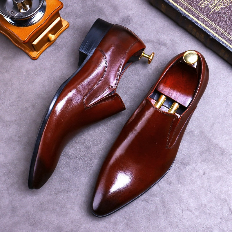 Desai Top Layer Cowhide Shoes Men&#39;s Shoes Genuine Leather Business Dress Shoes Men British Pointed Toe Formal Slip-On Shoes