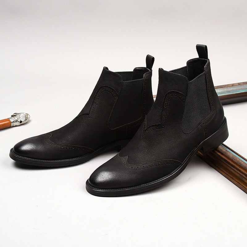 Brand Handmade New Gentlemen Vintage Leather Boots British Style Men Black Gray Botas Slip On Wedding Shoes Male Chelsea Booties