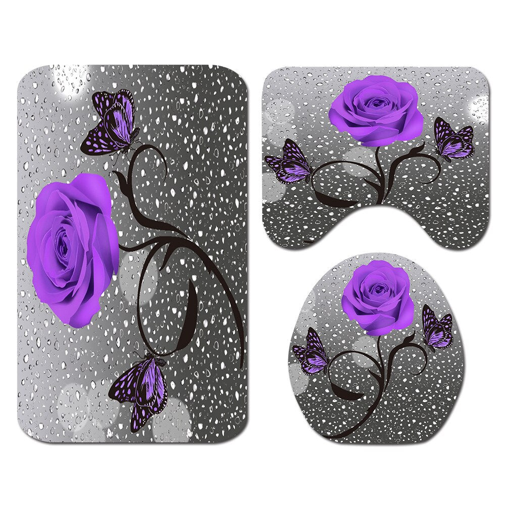 Floral Bath Mat and Shower Curtain Set Shower Curtain with Hooks Bath Rugs Anti Skid Bathroom Carpet Toilet Foot Pad Bath Mat