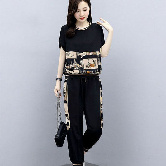 Fashion Summer Women Sets Casual Female Sportswear Suit Printed Short Sleeve Tshirts+ Pants Two-piece Set Large Size