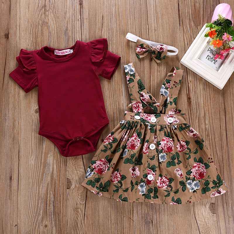 3Pcs Baby Girl Clothes Set Summer Newborn Infant Solid Color Romper Ruffle Floral Dress Overalls Outfit For Toddler Clothing