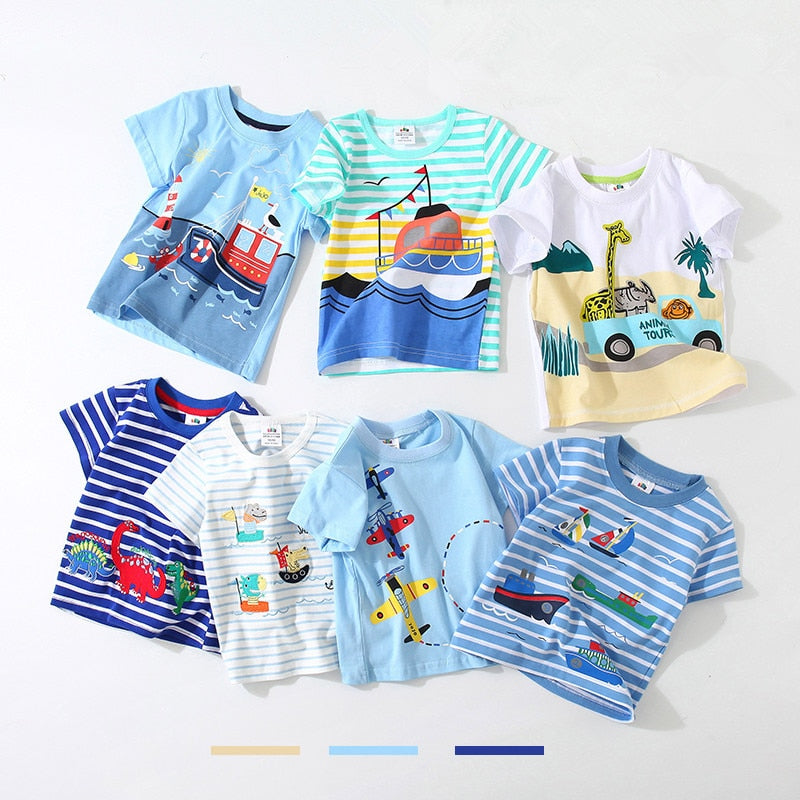 2023 Summer 2-10T Children&#39;S Birthday Clothing Dinosaur Car Striped Print Short Sleeve Basic Tops Cartoon T-Shirt For Kids Boy