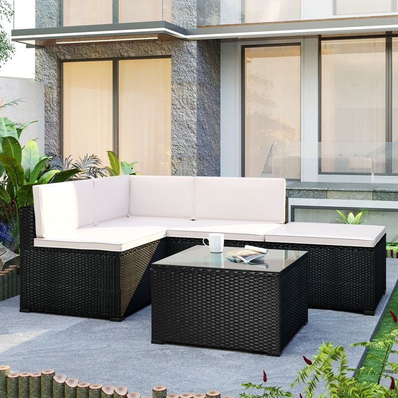 5-Piece Patio Rattan  With 2 Sofa Chairs, 1 Corner Chair, 1 Ottoman And 1 Glass Coffee Table PE Wicker Furniture Corner Sofa Set