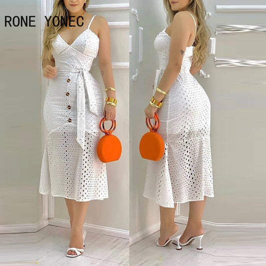 Women Hollow-out  Button Design Spaghetti Strap Lace Dress With Belt &amp; Lining Casual Maxi Dress Vacation Dress 2021