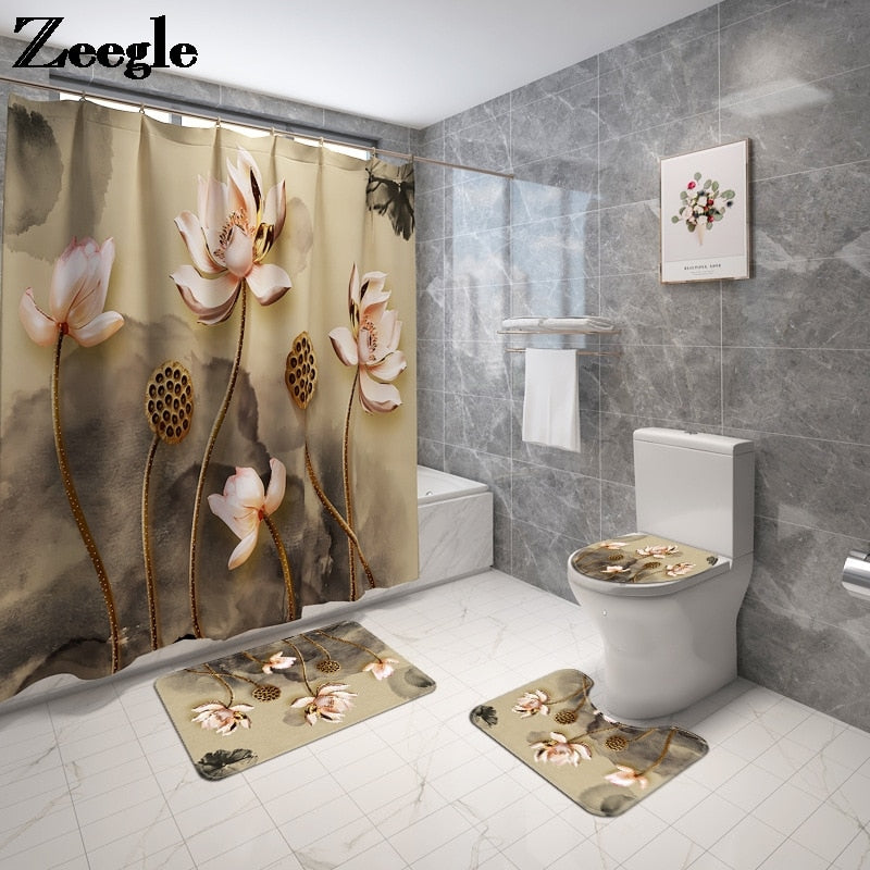 4pcs Floral Bathroom Carpet Bath Curtain Set Toilet Rugs and Shower Curtain Toilet Seat Cover Floor Mat Bathroom Mat Shower Mat