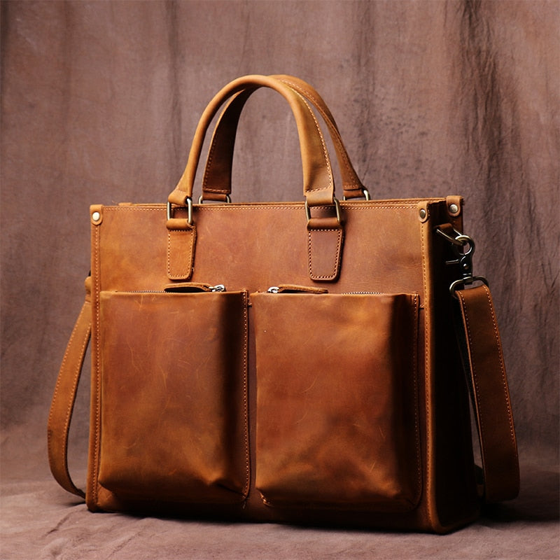 ZRCX Vintage Man Handbag Briefcase Men Shoulder Crazy Horse Genuine Leather Bags Brown Business Fashion 14 Inch Laptop Bag