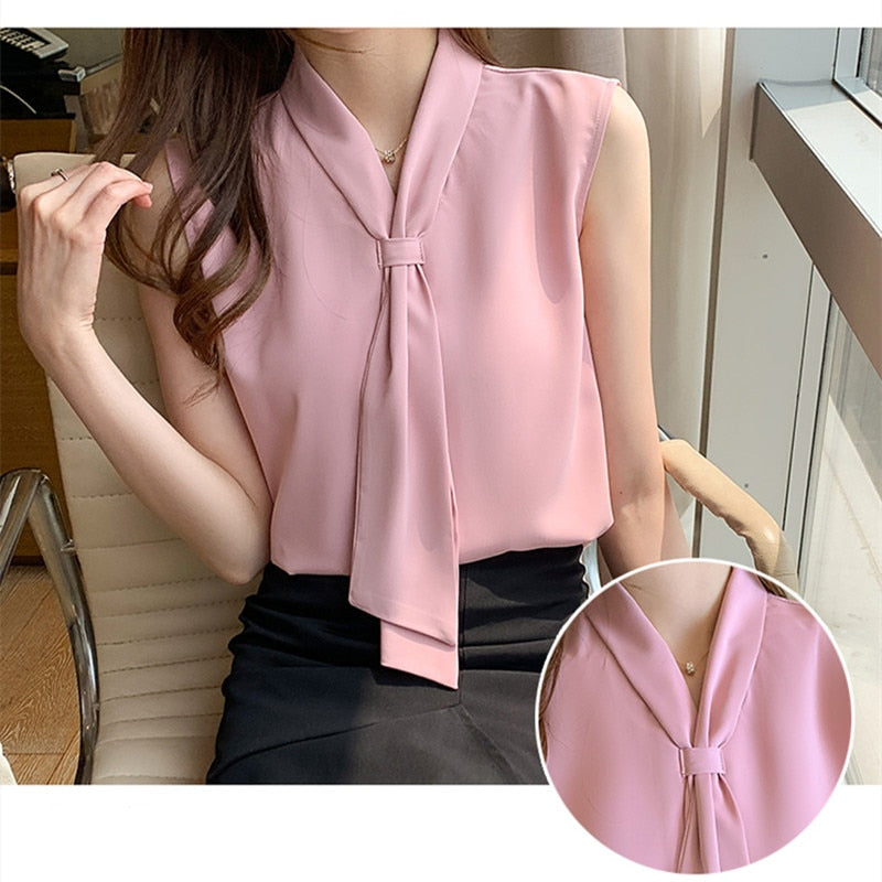 Women&#39;s Shirt Pink Ribbon Blouses for Women Sleeveless Summer Shirts Female Top V-neck Blouse Tops Female 2022 Woman Basic Shirt