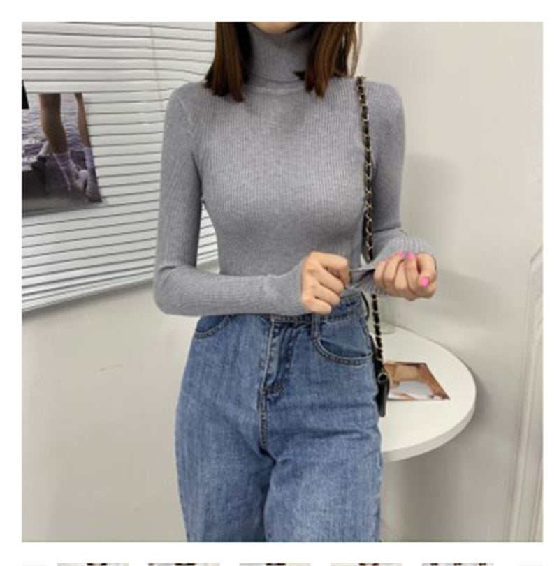 Women Turtleneck Sweaters Autumn Winter Korean Slim Pullover Women Basic Tops Casual Soft Knit Sweater Soft Warm Jumper