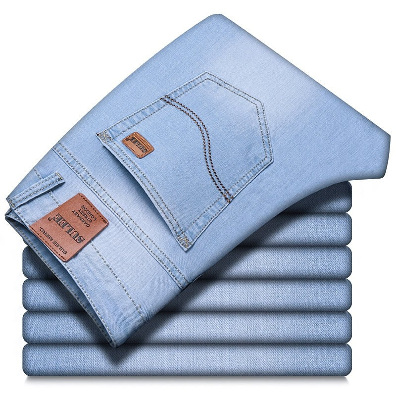 2021 Sulee Brand Top Classic Style  Men Spring Summer Jeans Business Casual Light Blue Stretch Cotton Jeans Male Brand Trousers