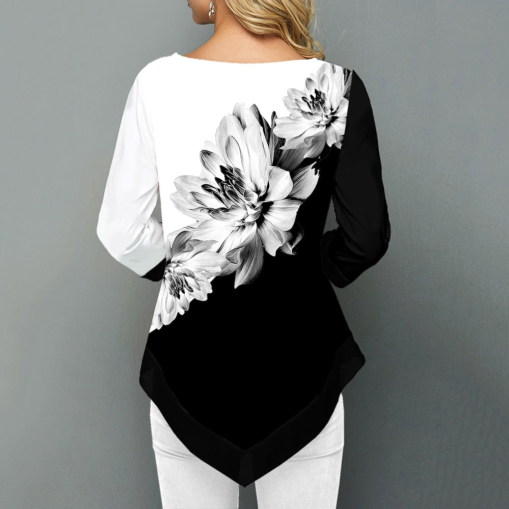 Floral Printed Women Blouse Asymmetric Hem O Neck Long Sleeve Shirts Summer Female Pullover Tops Blusas Fashion Lady Camisa