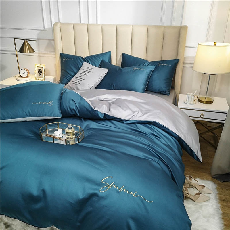 OLOEY Bedding Set Egyptian cotton Embroidery AB version Bed set Duvet Cover Elastic Band Sheet Flat Bedsheet long-staple cotton