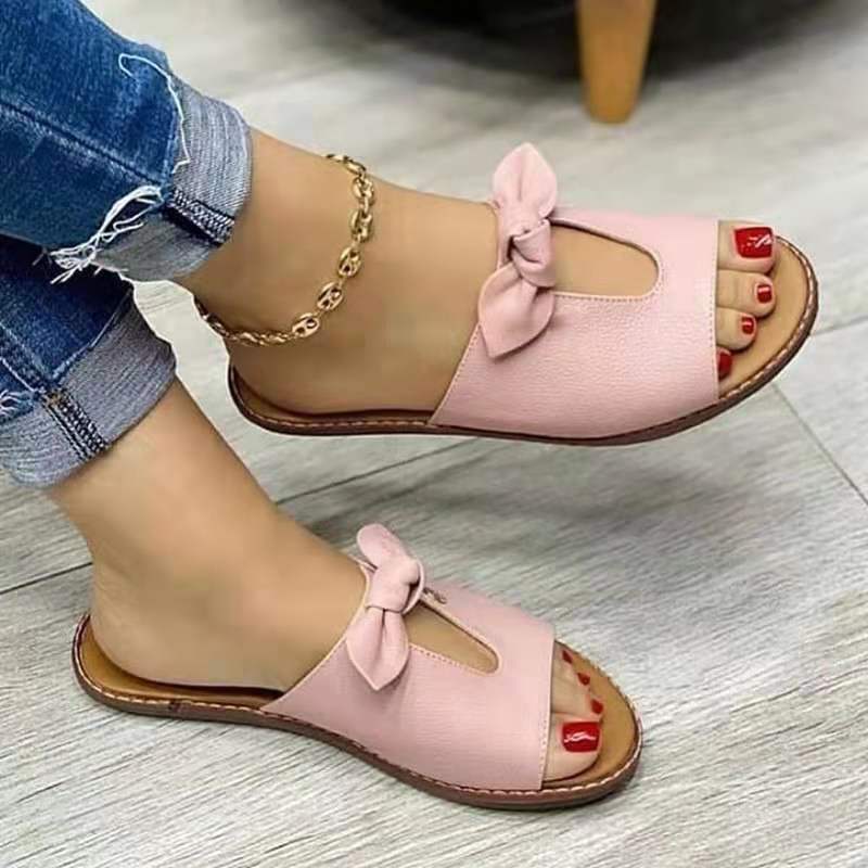 2022 New Summer New Women Leisure Fashion Bow Flat Sandals Sandals Comfortable Soft Bottom Women&#39;s Breathable Beach Sandals