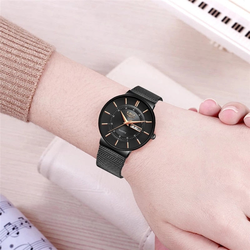 Women Watches LIGE Top Brand Luxury Ultra Thin Bracelet Wrist Watch Female Mesh Strap Waterproof Quartz Clock Relogio Femininos