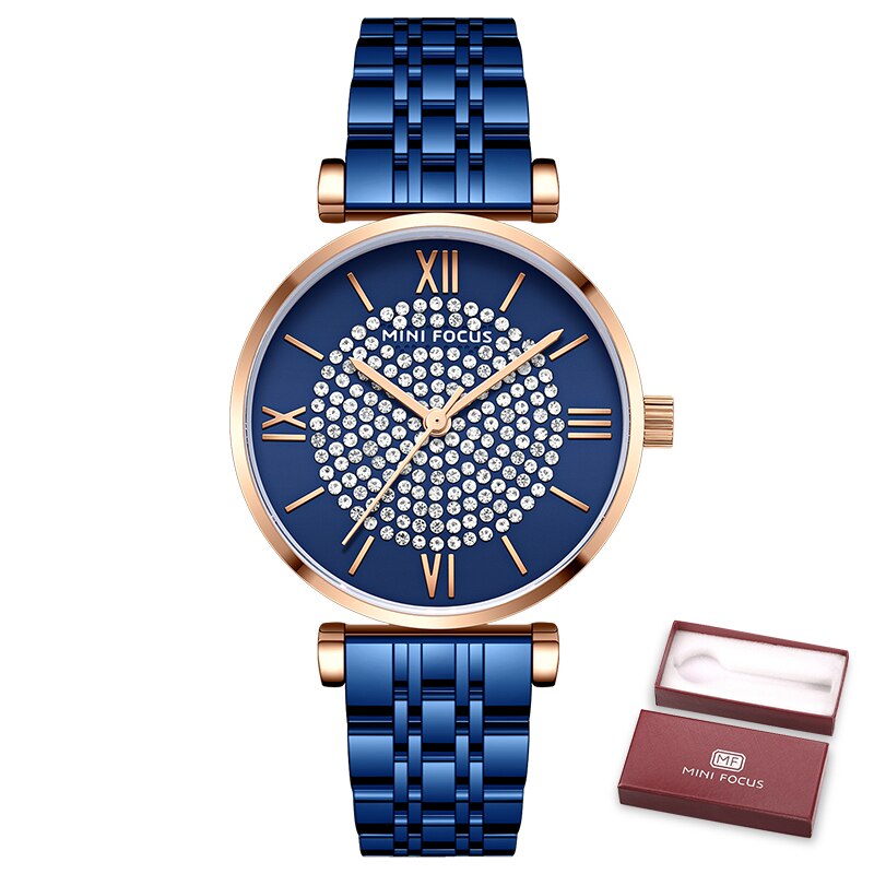 MINI FOCUS Ladies Blue Wristwatch Women Rhinestone Full Diamond Watches Top Luxury Brand Waterproof Quartz Female Clock