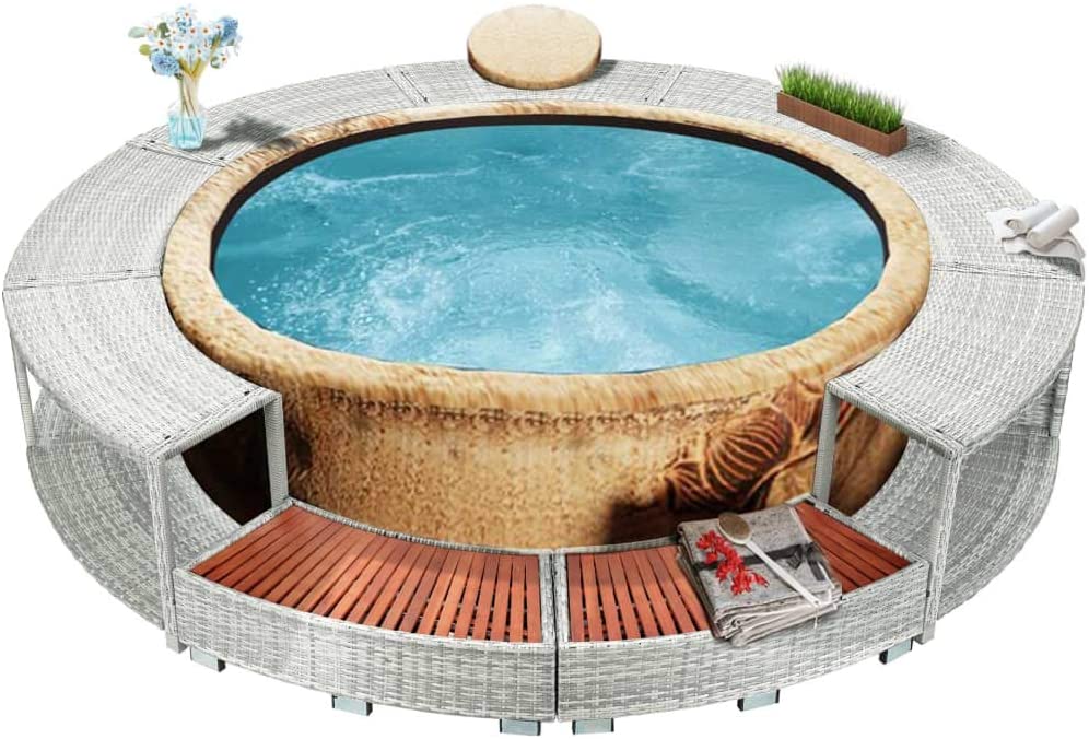 Spa Surround Poly Rattan Modern Hot Tub Surround Built-in Storage Area and A Cut Out Section for A Power Pack,Poolside Shower