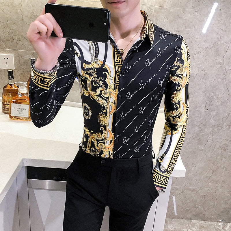 Autumn Man Vintage Printed Social Black Shirts Luxury Men&#39;s White Slim Fit Long Sleeve Dress Shirt Fashion Casual Chemise Homme