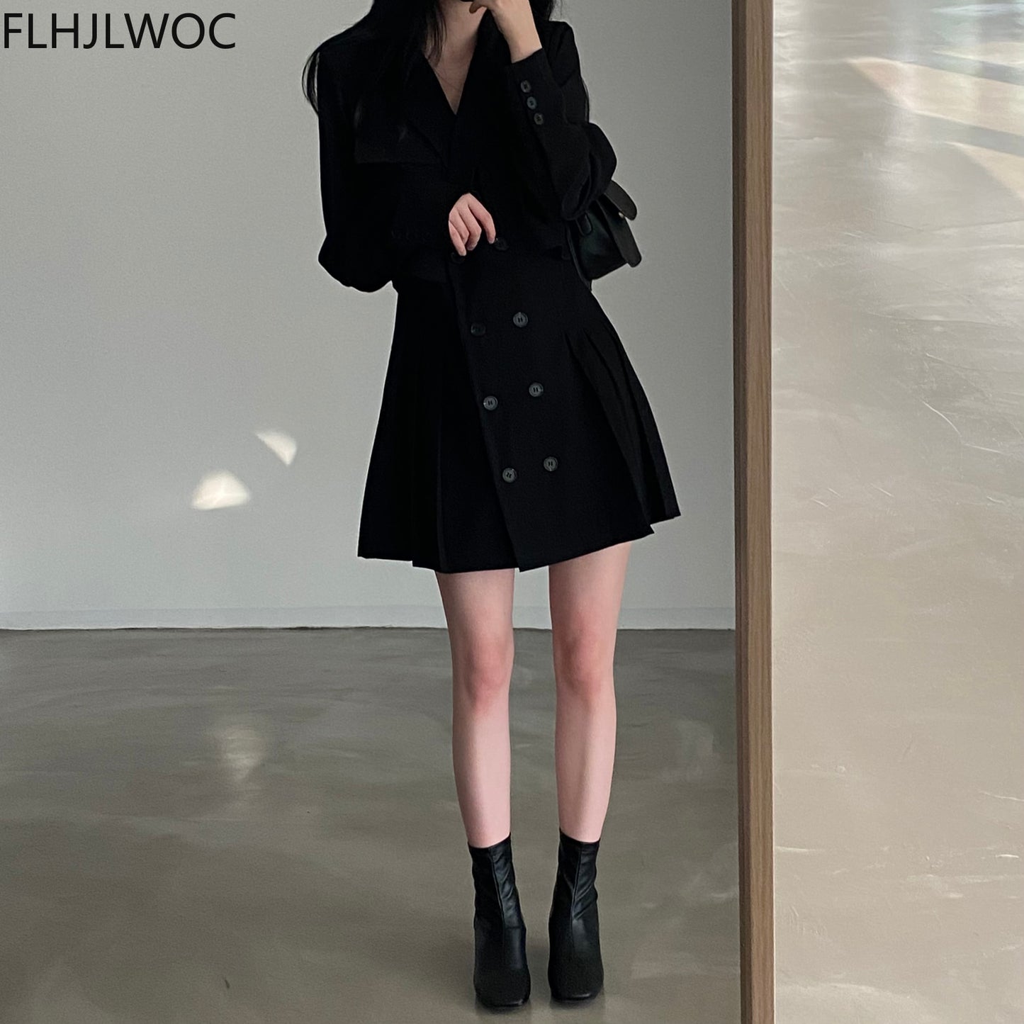 2021 Autumn Winter Outerwear Long Coat Jackets Solid Double-Breasted Button Office Lady Retro Vintage Suits Tunic Black Blazers