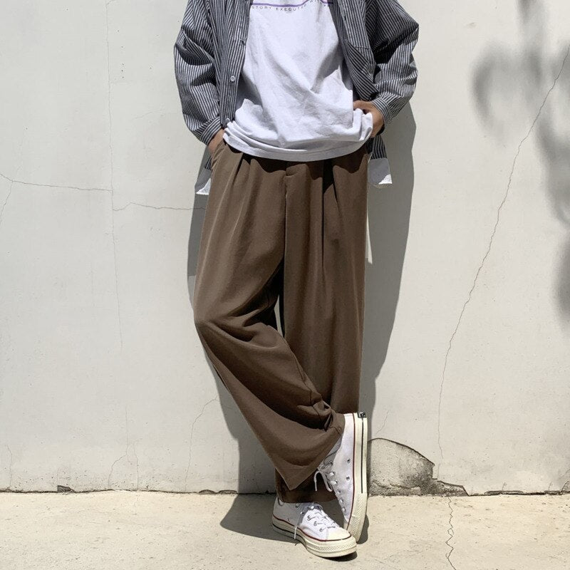 Spring Summer Wide-leg Pants Men&#39;s Fashion Black Brown Casual Pants Men Korean Loose Straight-leg Suit Pants Mens Dress Pants