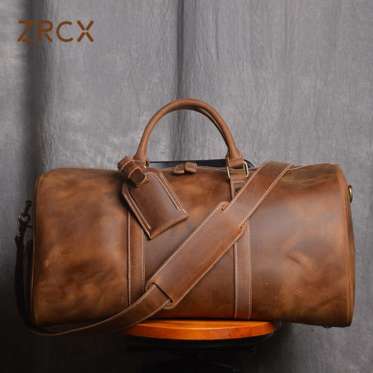 ZRCX Vintage Men&#39;s Hand Luggage Bag Travel Bag Geunine Leather  Large Capacity Single Shoulder Messenger For 15 Inch Laptop