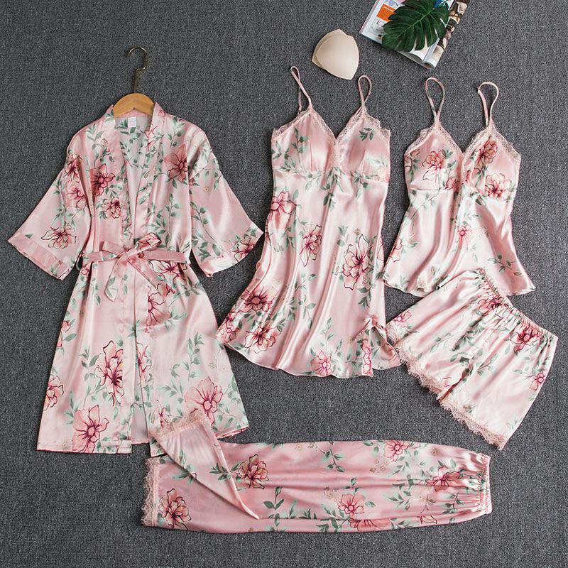 Sleepwear Female 5PCS Pajamas Set Satin Pyjamamas Lace Patchwork Bridal Wedding Nightwear Rayon Home Wear Nighty&amp;Robe Suit