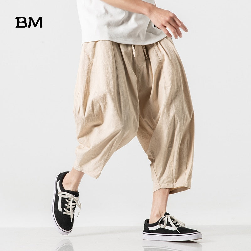 Summer Japanese Streetwear Linen Harem Pants Men Fashion Casual Cropped Pants Harajuku Thin Loose Radish Pants Sport Clothing