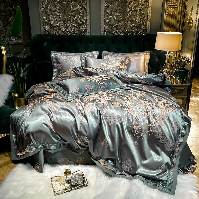 Sliver Gold Luxury Silk Satin Jacquard duvet cover bedding set queen king size Embroidery bed set bed sheet/Fitted sheet set