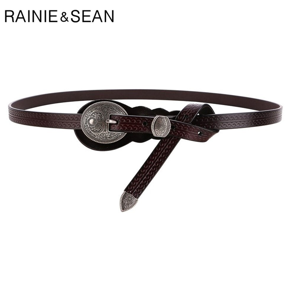 RAINIE SEAN Vintage Belts for Women Cowskin Waist Belt Real Leather Brown Rivet High Quality Brand Women Belt 105cm 110cm 115cm