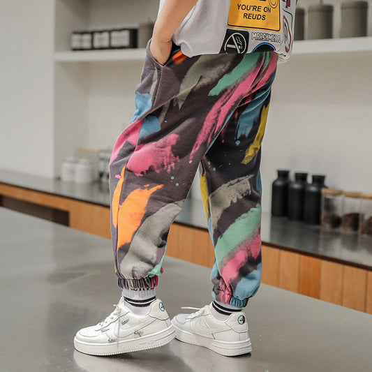 2022 New Arrival Boys Tie Dye Casual Pants Spring Fashion Hot Deals Graffiti Painting Print Sweatpants Cotton Kids Long Trousers