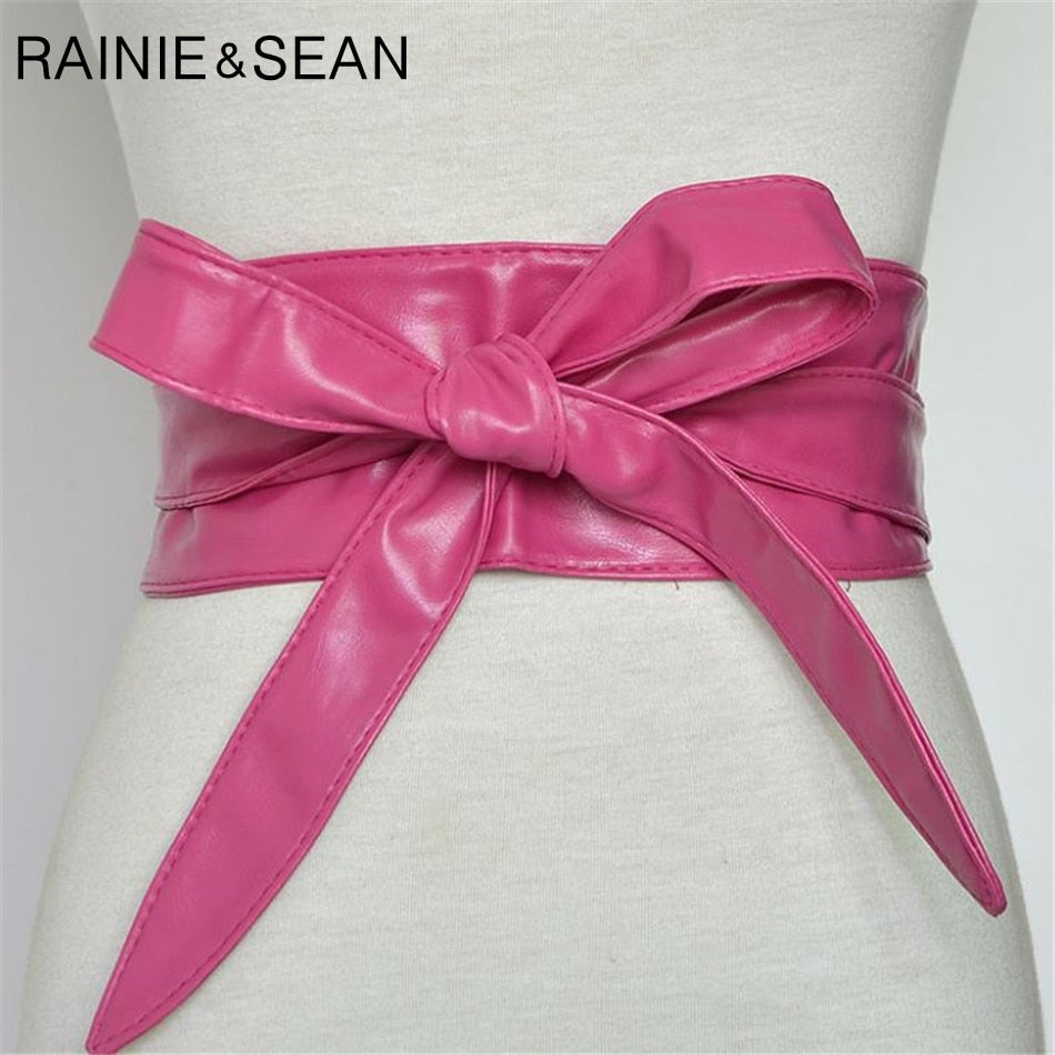 RAINIE SEAN Women Belt Leather Cummerbunds For Women Burgundy Belt For Coat Bow Self Tie Wrap Brand Ladies Fashion Belt