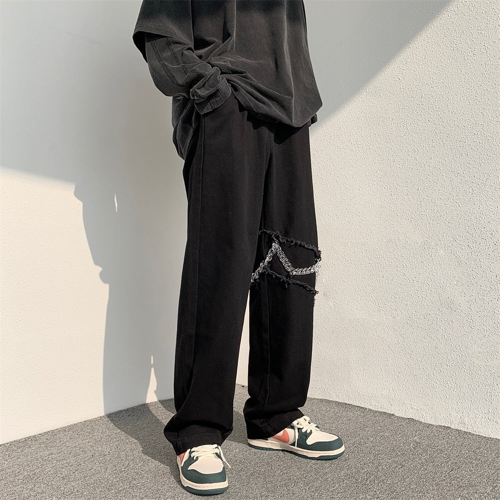 2022 New Fashion Casual Ripped Pants Spring Men&#39;s Straight Wide-leg Pants Chain Decor Washed Cotton Long Trousers Apricot/Black