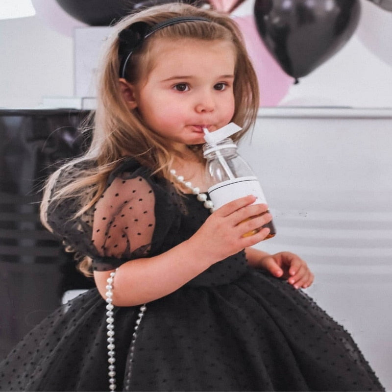 2021 New Summer Kids Girls Party Dresses Black Square Collar Puff Mesh Sleeves Dot Print Princess Dress Children Clothes E0506