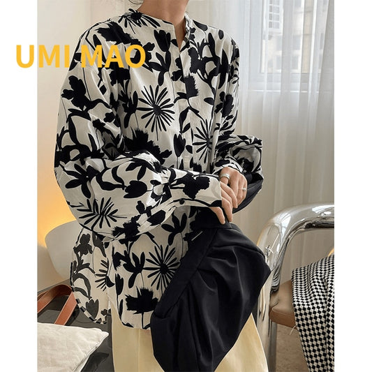 UMI MAO Korean Fashion Autumn French Black White Stand-up Collar Lantern Sleeve Casual Shirt Loose Thin Blouse Female Y2K