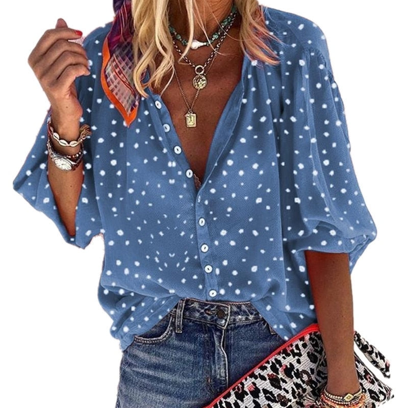 Spring Summer Tops Women Buttoned Up Shirt Office Ladies Polka Dot Print Blouses Casual Wave Point V Neck Loose Shirts Blusas