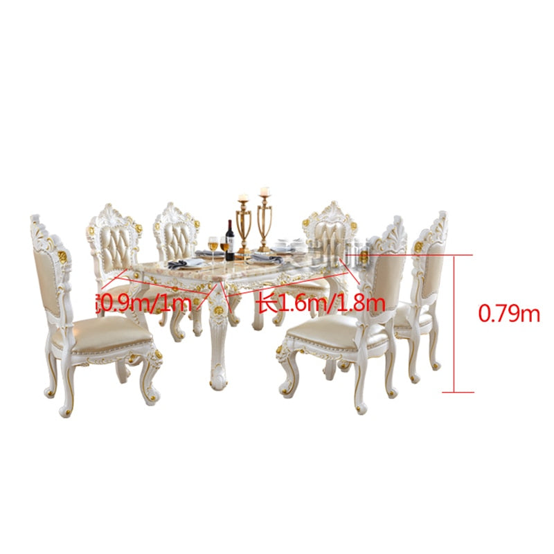 European-style White Gold-painted Solid Wood Dining Table Pink Dragon Jade Marble Long Dining Table Leather Dining Chair