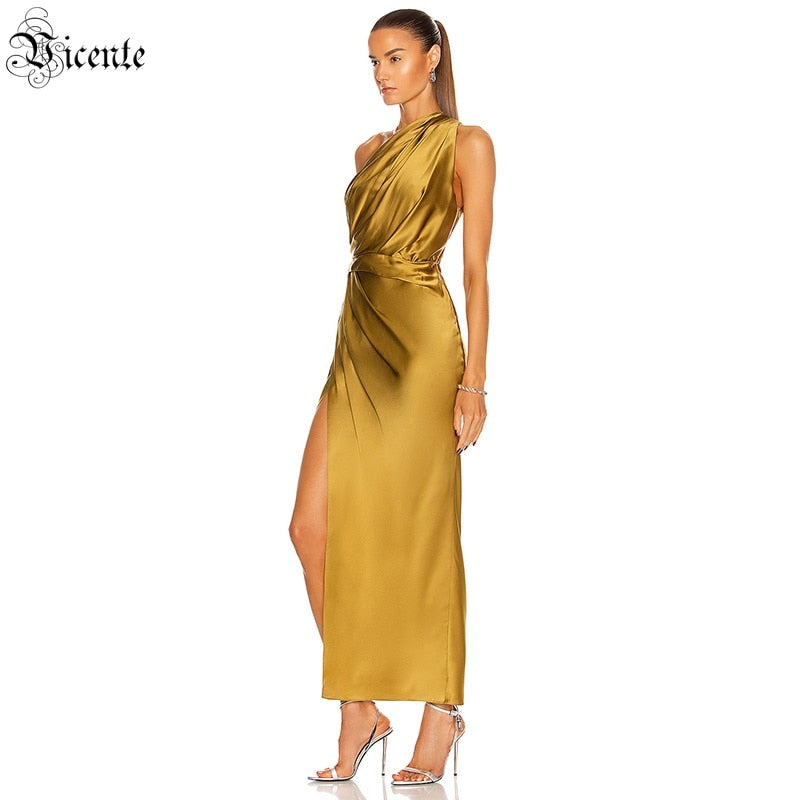 VC Long Satin Dress Women Draped Design One-shoulder Diagonal Collar Sleeveless Party Side Slit Skirt