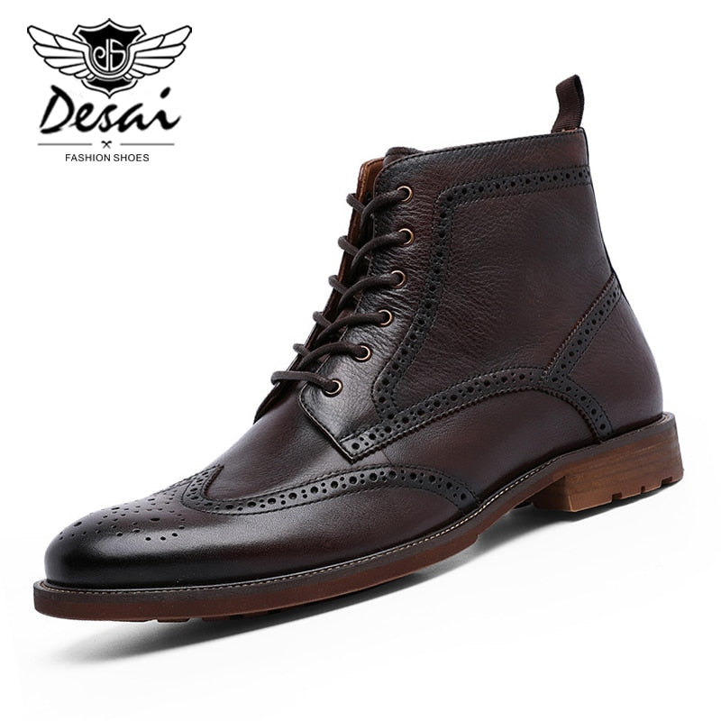 DESAI Chelsea Upgraded Zipper Men&#39;s Brock Boots Carved Business British Style Men&#39;s Shoes Genuine Leather Boots Men Ankle Boots