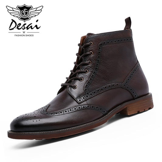 DESAI Chelsea Upgraded Zipper Men&#39;s Brock Boots Carved Business British Style Men&#39;s Shoes Genuine Leather Boots Men Ankle Boots